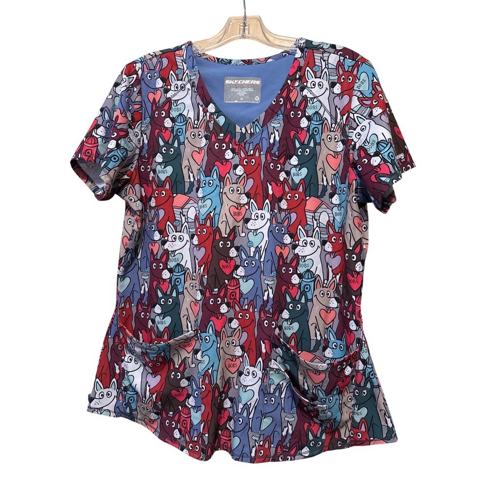 Skechers Barco Bobs for Dogs V-Neck Scrub Top Multicolor Dog Print Medium